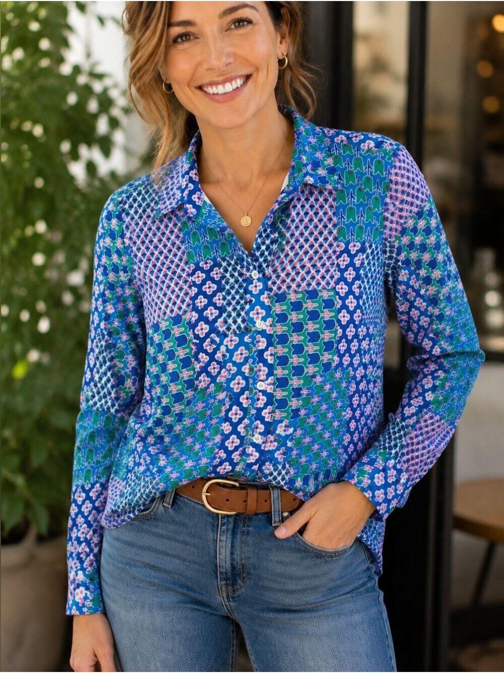Talbots Petites Patchwork Print Button Front Blouse Blue Pink Green MP - Picture 14 of 16